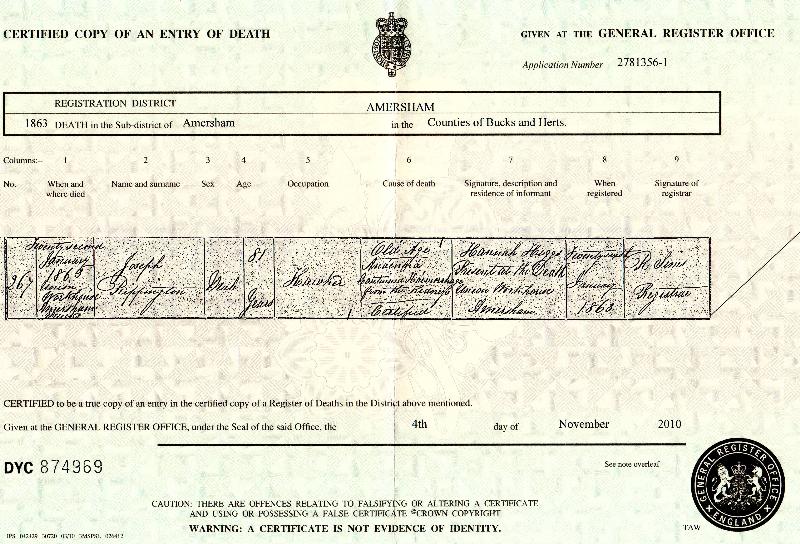 Rippington (Joseph) 1863 Death Certificate